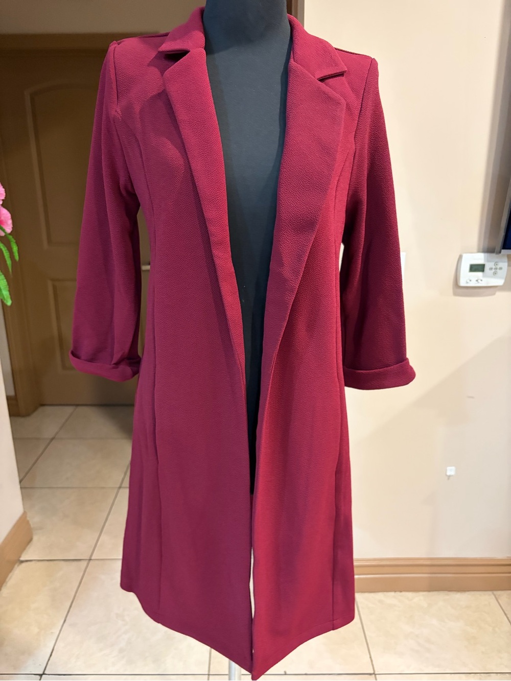 Women's Long Open Front Blazer Jacket - Wine